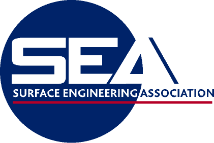 Surface Engineering Association logo - white text with a red line and dark blue circle on a pixelated background