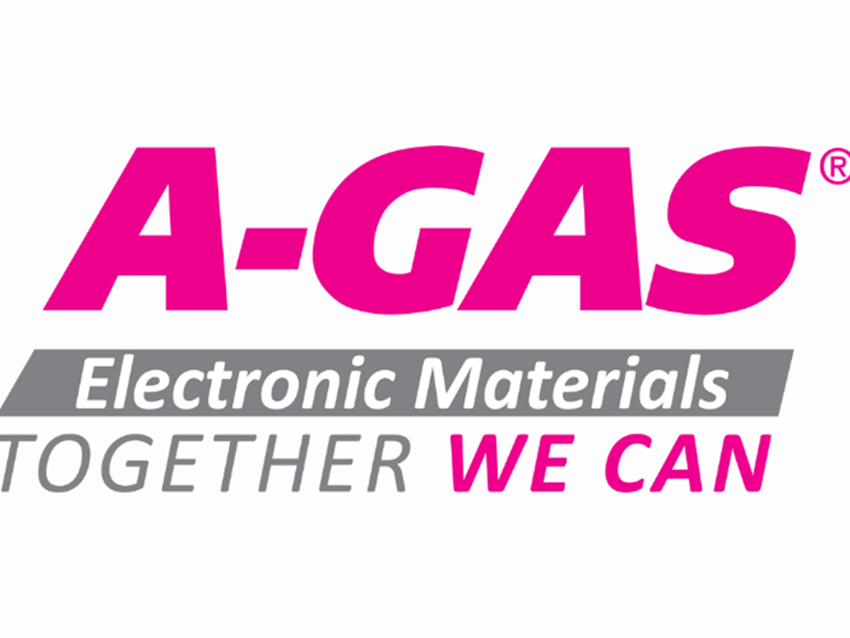 Pink, grey and white text reading "A-Gas Electronic Materials Together We Can" on a white background