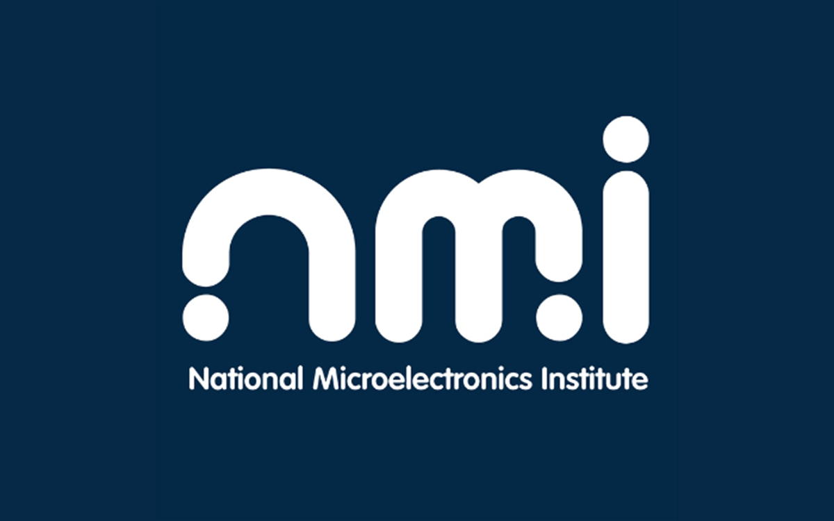 White text reading "National Microelectronics Institute" on a dark blue background