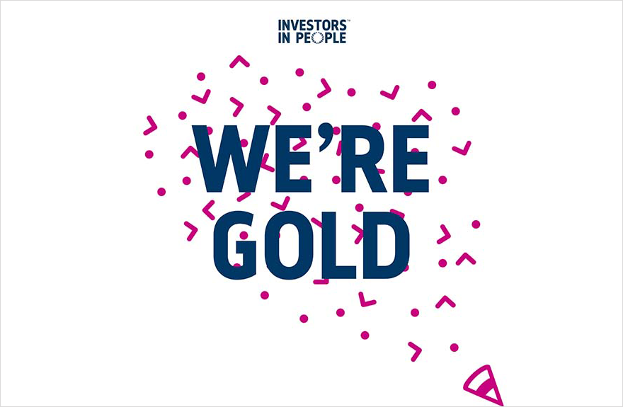Pink graphic and dark blue text reading "Investors in People - We're Gold" on a white background
