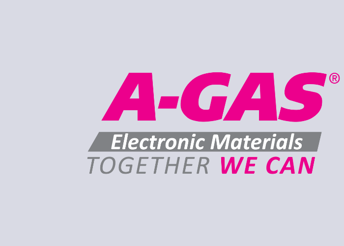 Pink, white and grey text reading "A-Gas Electronic Materials Together We Can" on a light grey background 