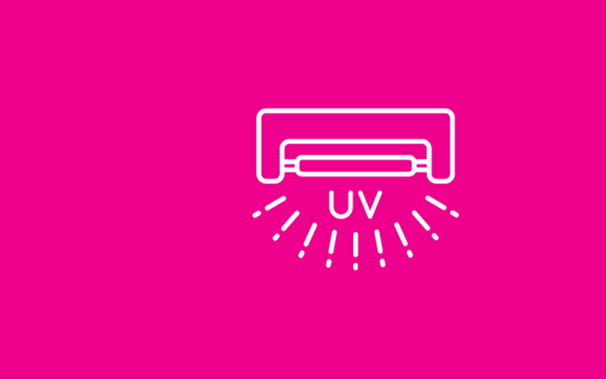 White UV ray icon on a magenta pink background