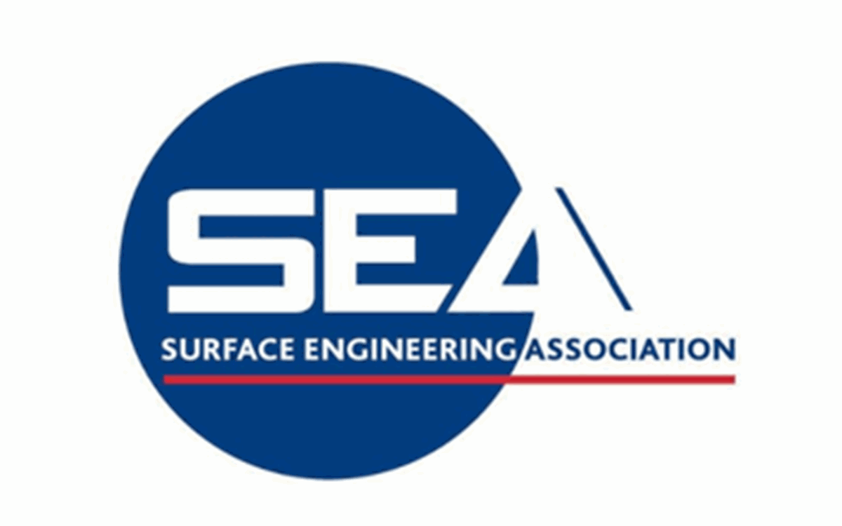 White text reading "SEA Surface Engineering Technology" white a red line and dark blue circle on a white background