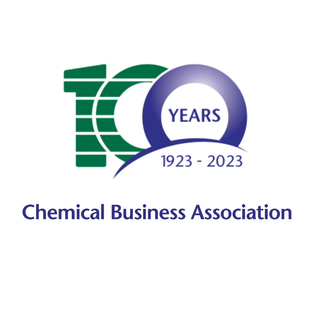 Green and blue text reading "100 Years 1923-2023 Chemical Business Association" on a white background