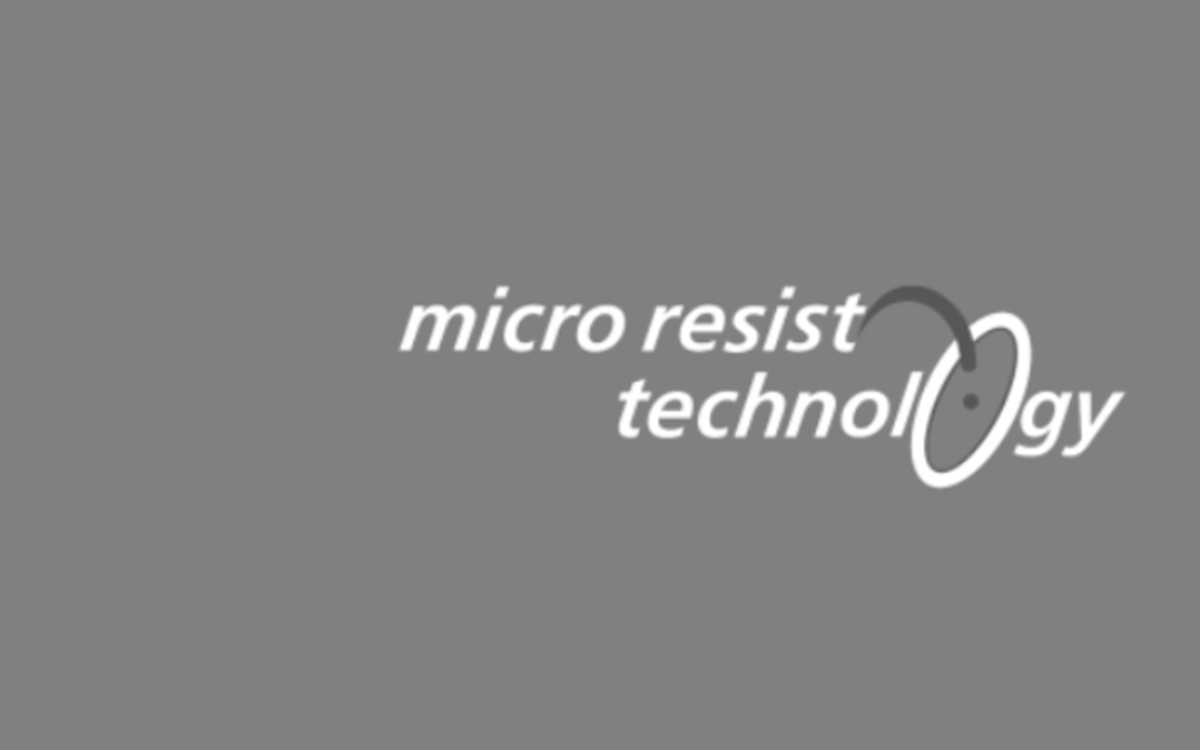 White text reading "Micro resist technology" with a pink circle on a metallic grey background