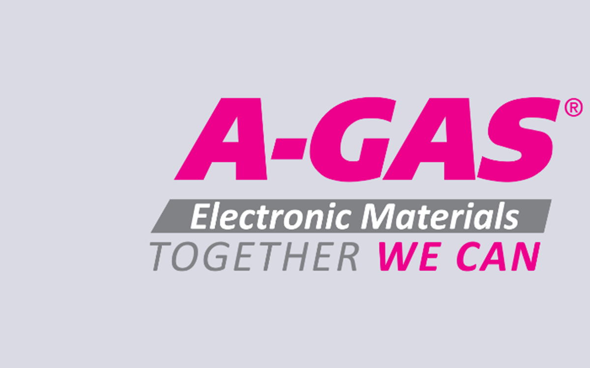 Pink, white and grey text reading "A-Gas Electronic Materials Together We Can" on a light grey background